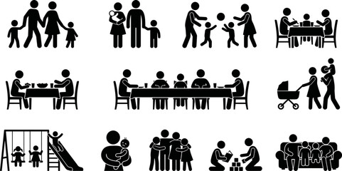 Obraz premium Black silhouettes of people in various social and family activities on white background