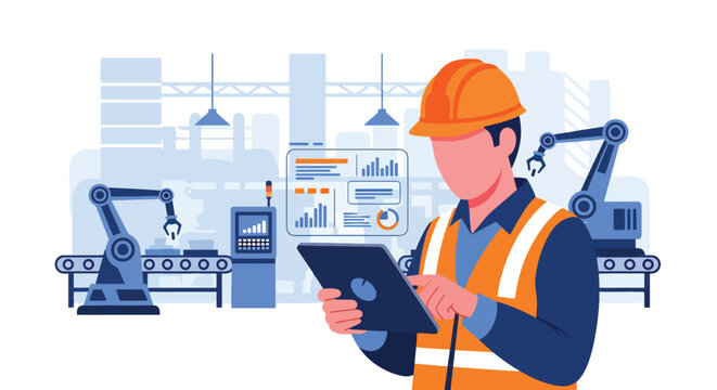 flat vector illustration of engineer monitoring factory equipment using digital tablet showing smart manufacturing and industrial technology