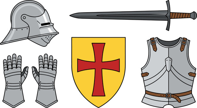Medieval Knight Armor Vector Set with Helmet Sword Templar Shield Gauntlets and Cuirass Breastplate Graphic Elements