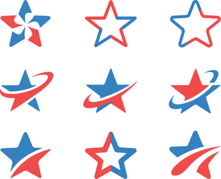Collection of modern star logos in patriotic red and blue colors perfect for branding and identity design