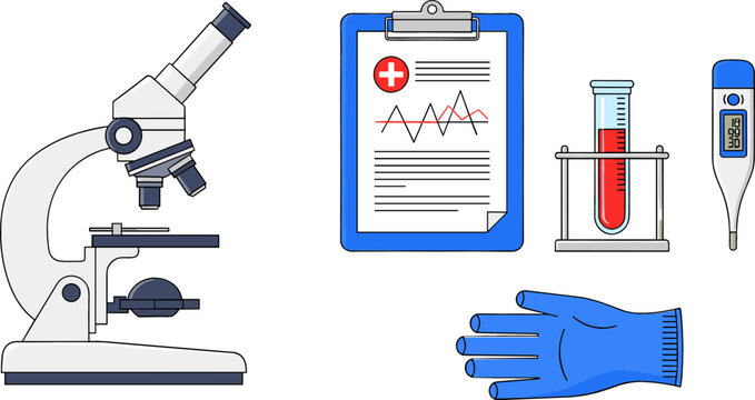 Medical Laboratory and Diagnostic Equipment Icon Set with Microscope, Clipboard Report, Blood Test Tube, Digital Thermometer, and Rubber Glove Vector Illustration