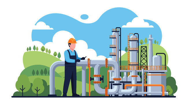 flat vector illustration of engineer inspecting oil refinery equipment showing industrial energy production and engineering operations
