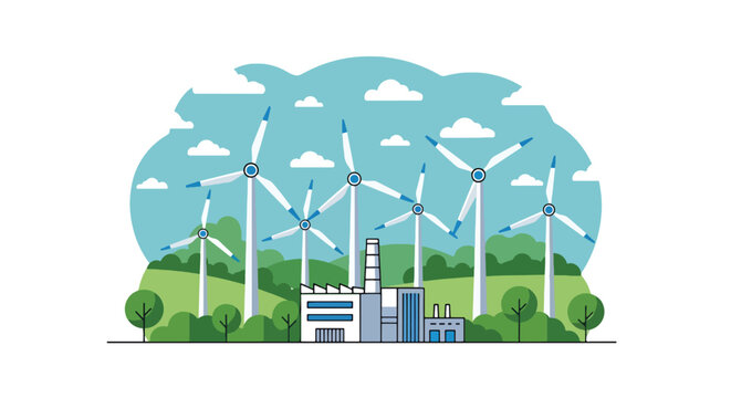 flat vector illustration of renewable energy factory with wind turbines showing sustainable industrial production and clean technology