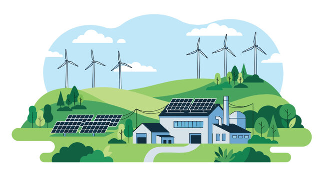 flat vector illustration of renewable energy factory with wind turbines showing sustainable industrial production and clean technology