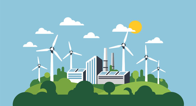 flat vector illustration of renewable energy factory with wind turbines showing sustainable industrial production and clean technology