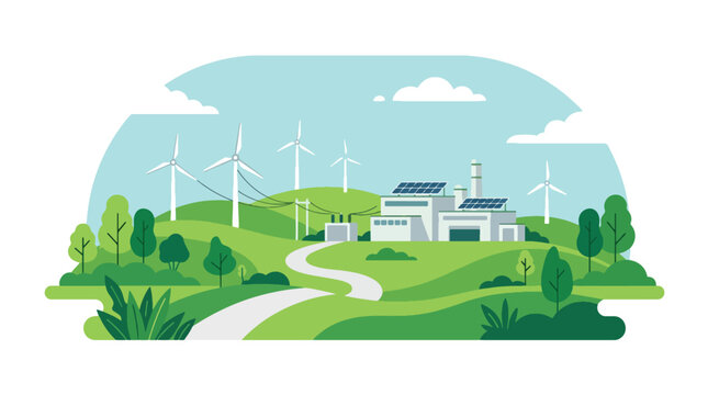 flat vector illustration of renewable energy factory with wind turbines showing sustainable industrial production and clean technology