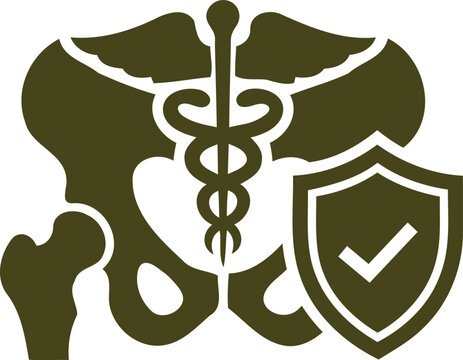 Osteoporosis protection and health care symbol with shield and medical caduceus sign over a human pelvis and hip bones  health and medical protection concept