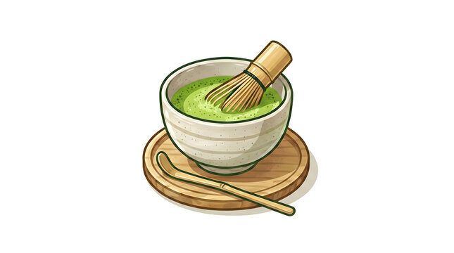 Traditional Japanese matcha tea with bamboo whisk and scoop on a wooden coaster. Hand-drawn illustration of healthy green tea preparation and ritual