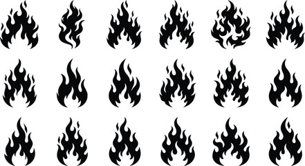 Naklejka premium Collection of black flame fire symbols, and burning embers heat