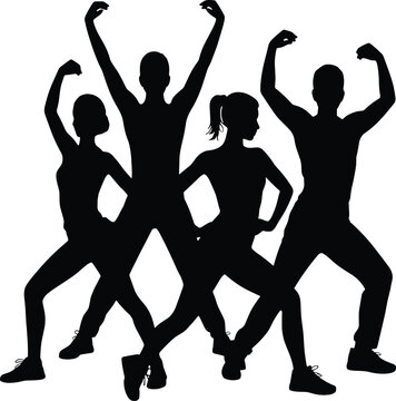 Silhouettes of four people dancing energetically in a group vector illustration EPS PNG file