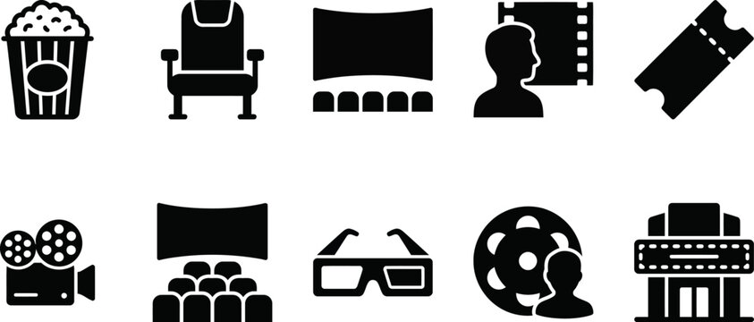 Collection of black cinema and film icons on white background