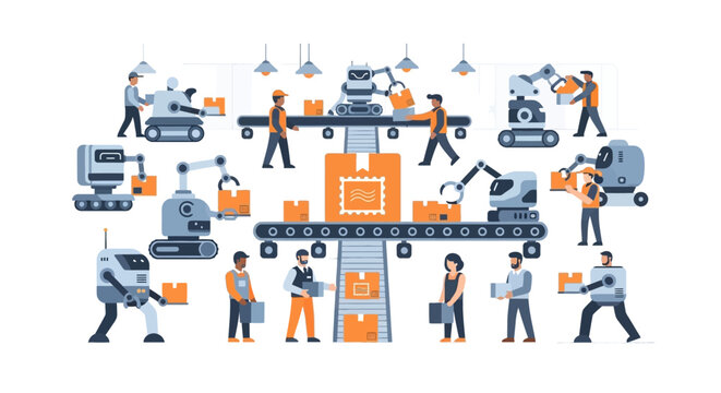 Smart Automated Warehouse Logistics Illustration with Robots and Human Workers Collaborating on Conveyor Belt Production Line