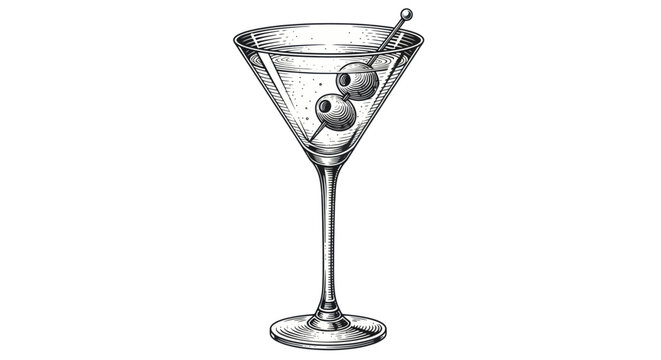 Classic Martini Cocktail with Olives - Hand-Drawn Illustration
