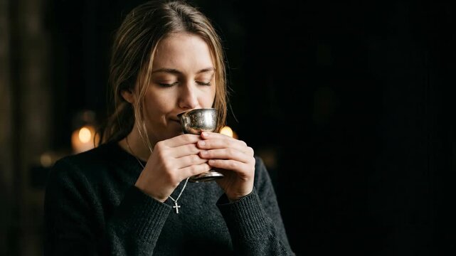 Young woman praying while drinking from a holy communion chalice. Religious ritual in church, spiritual reflection of a female believer during sacrament ceremony.