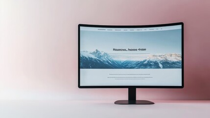 Fototapeta premium Curved Monitor Displaying a Minimalist Website UI with Snow-Capped Mountains on a Clean White Desktop Against a Soft Pink Wall, Web Design, Workspace