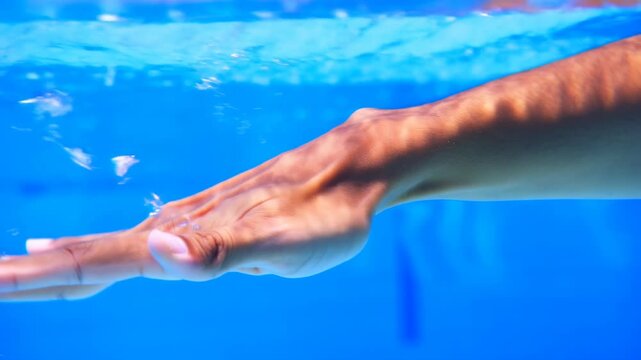 Static shot of human hand and arm moving underwater in blue pool with refracted light patterns
