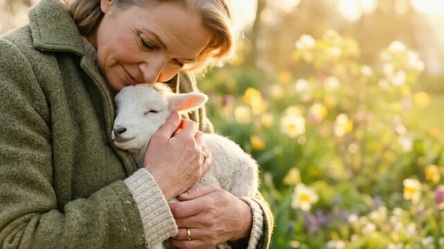 Woman holding a lamb in a spring garden. Religious allegory of the good shepherd. Concept of care and love for creation depicted in a sunny meadow environment.