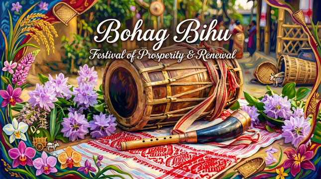 Bihu Festival Assamese Dancers Paddy Fields Colorful Vector Art
