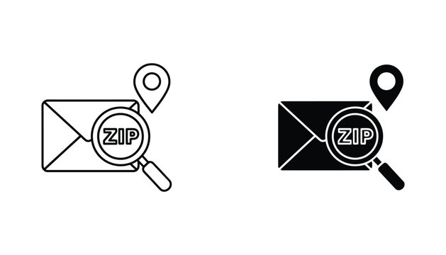 Zip code search icon set with envelope and magnifying glass in outline and solid black styles