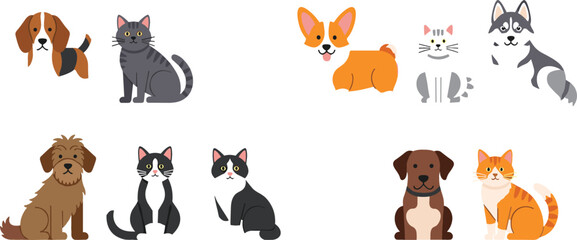 Cute domestic pet cat and dog cartoon character illustration set featuring various popular breeds isolated on white © Bishnupada