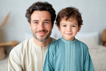 Obraz premium A smiling father and son dressed in traditional attire pose warmly together in a bright, cozy room.
