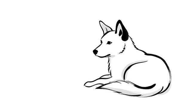 A black and white sumi e ink of a resting dog isolated on a transparent background