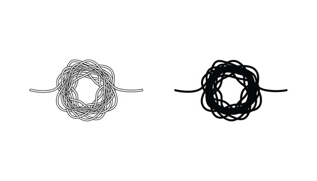 Tangled yarn ball or complex knot icon in outline and solid black styles for problem solving and creative concepts