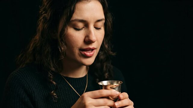 Young woman receiving communion holding a silver chalice at church. Religious christian ritual of eucharist. Faithful girl praying with cup during mass ceremony.