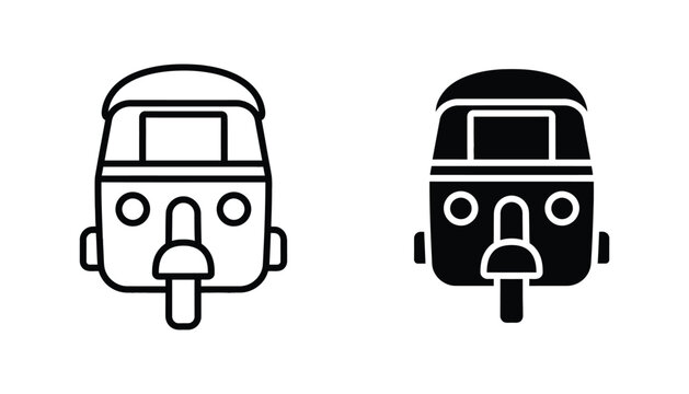 Tuk tuk auto rickshaw front view set in minimal outline and solid black icon style for transport design