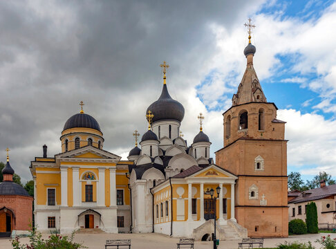 View to the Assumption monastery, established in XVI century. City Staritsa, Russia	
