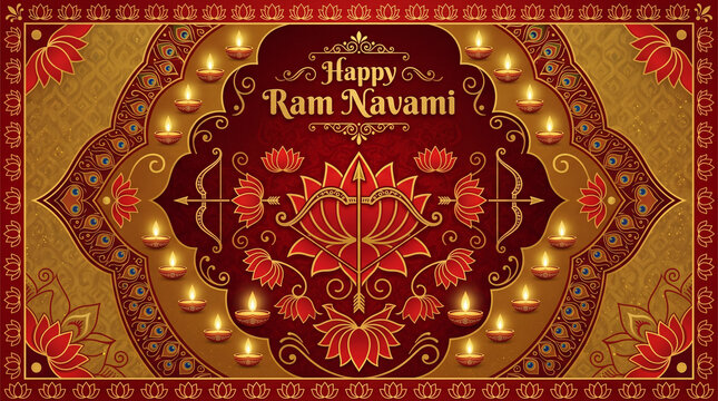 Ram Navami Traditional Indian Motif Lotus Bow Vector Background, Happy Ram Navmi
