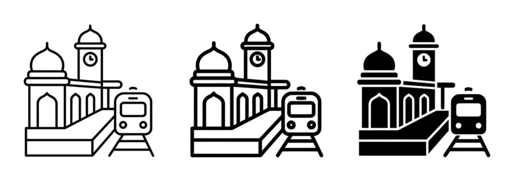 3 Railway Station icons, train station, clock tower, platform, outline solid styles
