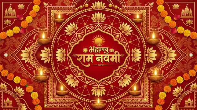 Ram Navami Traditional Indian Motif Lotus Bow Vector Background, Happy Ram Navmi
