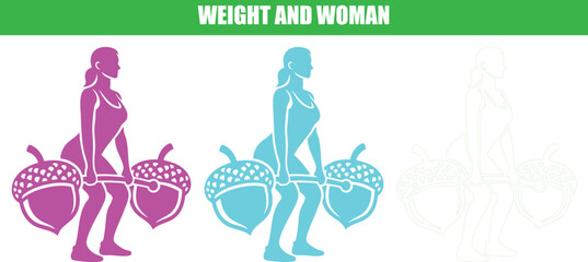 Weight and woman vector with two different colored silhouettes of women lifting weights shaped like acorns on a transparent background. © mdsazzad