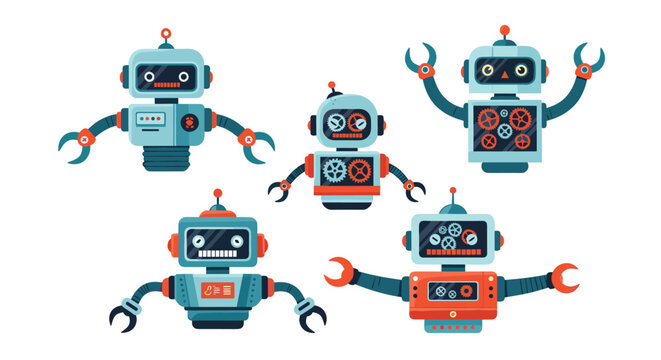 Set of five different friendly robot characters with visible gears screens antennas and various mechanical arm designs.