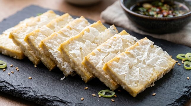 Close Up of Thin Pan Seared Tofu Slices with Brittle Cornstarch Crust