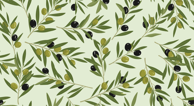 Seamless pattern of olive branches with fresh green and black olives on a light green background for Mediterranean themes.