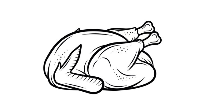 Whole Roasted Chicken Illustration - Black and White Line Art
