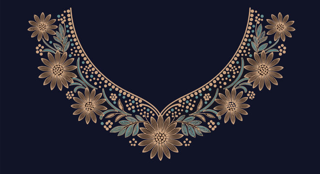 Elegant floral embroidery pattern for a garment neckline featuring golden flowers and teal leaves on a dark blue fabric background.