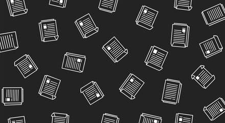Fototapeta premium Modern seamless pattern featuring white newspaper icons of different sizes scattered on a dark grey or solid black background.