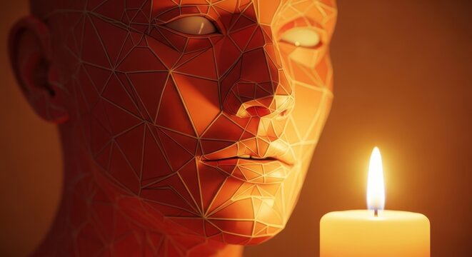 Human face with digital mesh lit by candle light