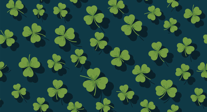 Festive seamless pattern featuring green shamrocks or three leaf clovers with shadows on a dark blue background for Saint Patricks Day.