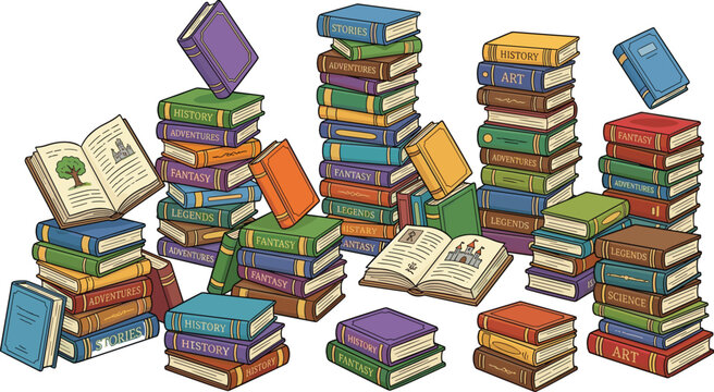 Large Stack of Colorful Hand Drawn Books and Open Encyclopedias for Education, Library, Literature, Reading Hobby, Bookstores, and Academic School Textbook Vector Illustrations