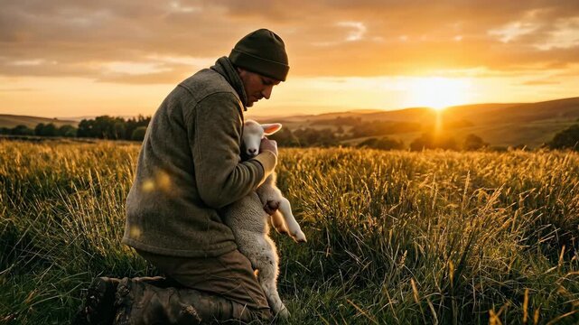Shepherd kneeling in golden field carrying lamb. Man caring for young animal at sunset. Biblical reference to good shepherd theme and Christian faith symbol.