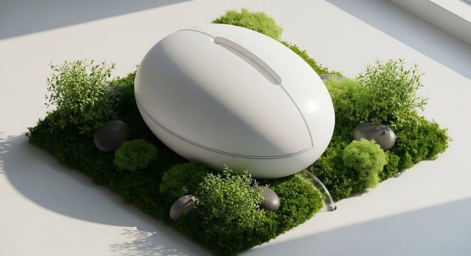 Modern white computer mouse resting on a patch of fresh green moss