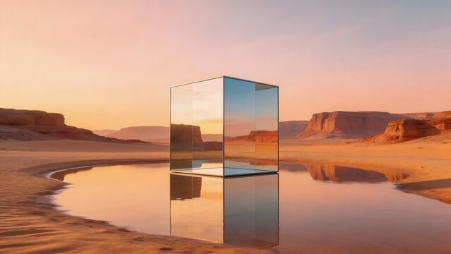 Mirror cube in desert landscape