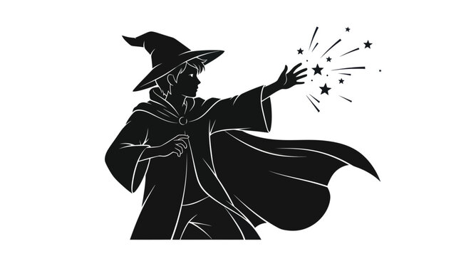 Silhouette of a Young Wizard Casting a Spell with Stars