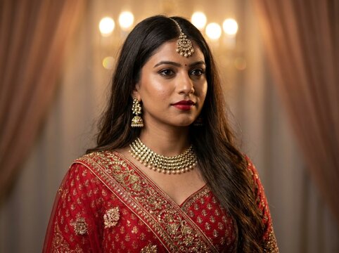 Beautiful Indian Bridal Woman in Red Gold Lehenga, Studio Portrait, Vogue Editorial Style