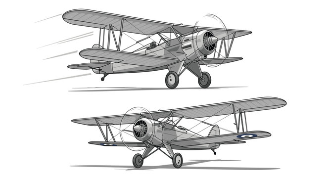 Technical sketches of vintage biplanes in flight show multiple angles of the classic propeller aircraft against a simple white background with motion.