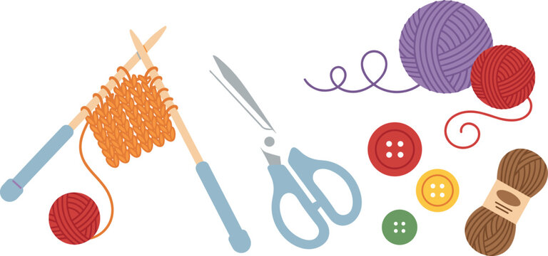 Knitting vector craft elements set with orange wool stitch swatch wooden needles purple red yarn balls scissors and buttons